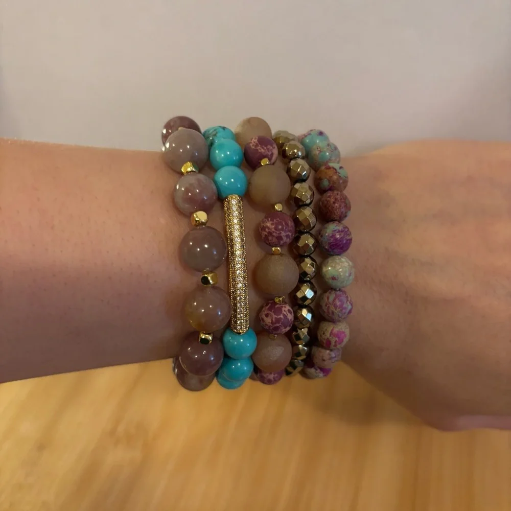 Handmade Gemstone Bracelet Stack Set of 5 NWT Turquoise Jasper Strawberry Quartz